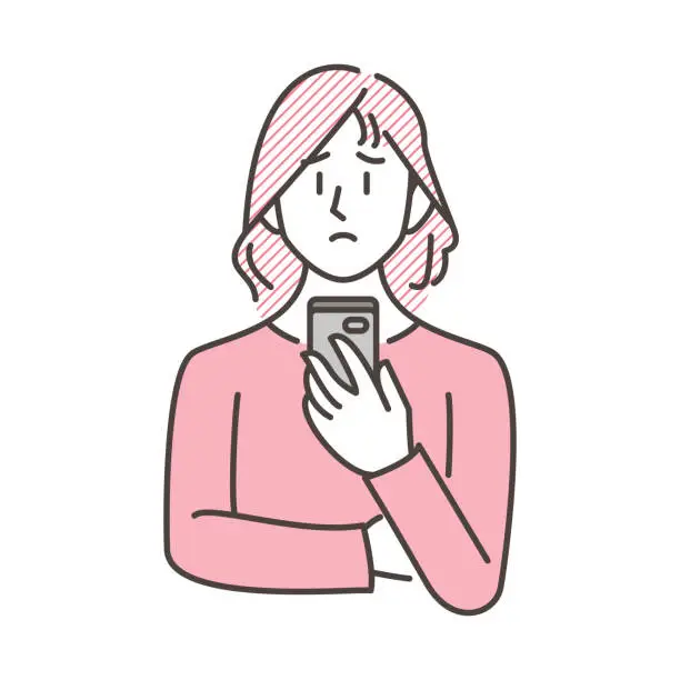 Vector illustration of Young woman looking at a smartphone with a troubled expression [Vector illustration].