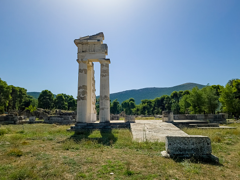 The Sanctuary of Asclepius ruins at Epidaurus in the Peloponnese, Greece.