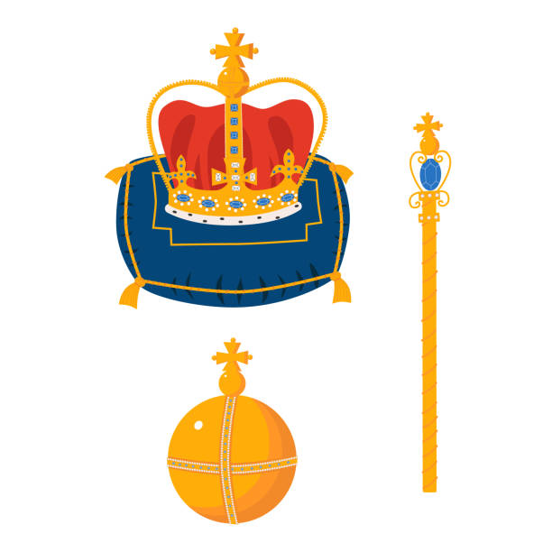 Crown on the ceremonial pillow, globus cruciger, scepter cartoon vector illustration. Royal gold jewelry. King, queen monarchy imperial symbol. Isolated on a white background Crown on the ceremonial pillow, globus cruciger, scepter cartoon vector illustration. Royal gold jewelry. King, queen monarchy imperial symbol. Isolated on a white background. sceptre stock illustrations
