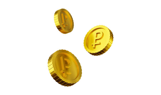 istock Realistic gold ruble floating coins movement on white background. 3D rendering 1439734622