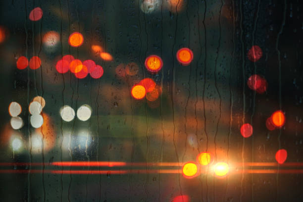 raindrops on the window in rainy days and street lights background