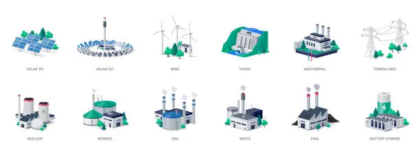 Vector illustration of Isolated electric energy power station generation types with battery storage power lines