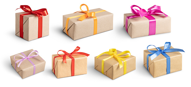 Set of gift boxes with colorful ribbons on white. This file is cleaned and retouched.