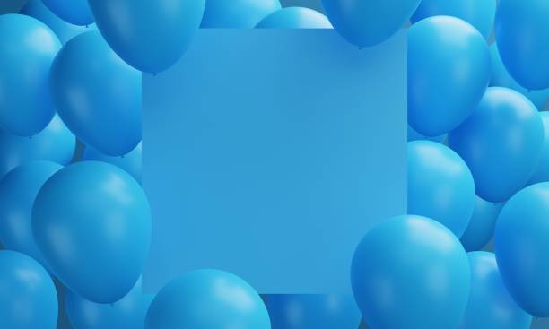 istock Blank blue sign surrounded with blue balloons. Template background for celebrations, party, greetings and invitations 1439736094