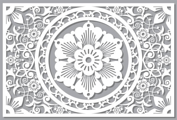 tradycyjna ramka wektorowa lub ramka z kwiatem pośrodku, marokańskie rzeźbione panele ścienne sztuka, wektorowy wzór arabski z kwiatami, liśćmi i zawijasami - format 6x9 - 6x9 stock illustrations