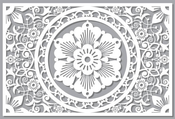 istock Traditional vector frame or border design with flower in the middle, Moroccan carved wall panels art, vector arabic pattern with flowers, leaves and swirls - 6x9 format 1439740023