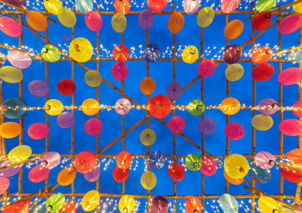 Tilt view of Chinese lantern on bamboo construction