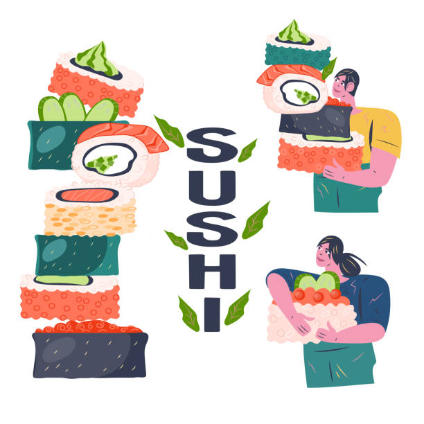 istock Sushi food banner or poster hand drawn design, flat vector illustration. 1439744248