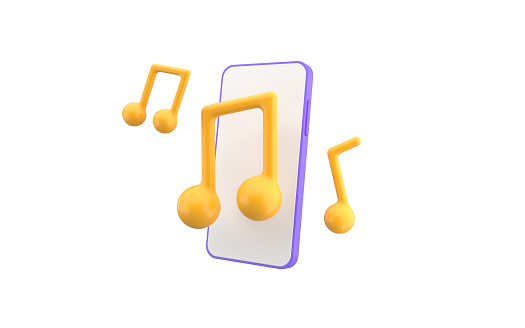 Smartphone music app concept with musical note. Musical environment with phone isolated on white background. 3d rendering