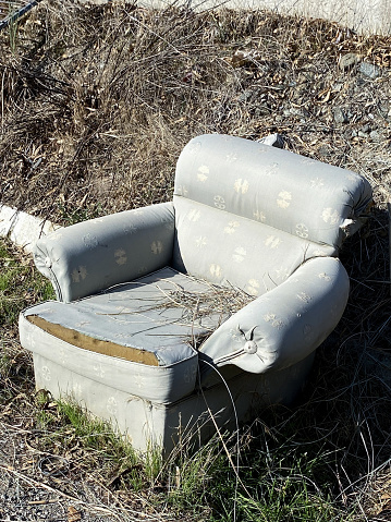 An old berger-type armchair thrown into the street. Taken on mobile device (iPhone 11).