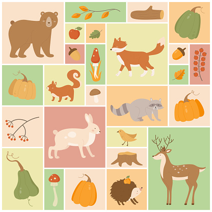 Autumn set vector illustration. Cartoon cute wild animal characters, autumn vegetable harvest, mushroom and leaf, forest and garden nature elements and fall wildlife in square collage background