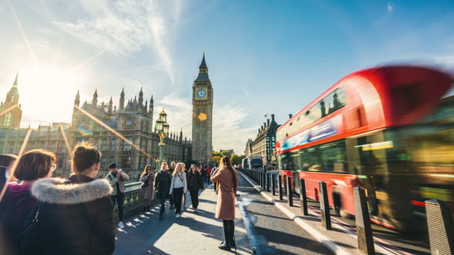 Time lapse of Crowd pedestrian and tourist walking and sightseeing in Big Ben with House of Parliament and Westminster Bridge of London United Kingdom