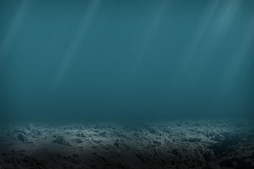 Dark blue ocean seen from underwater. Dead seabed of stones and rocks