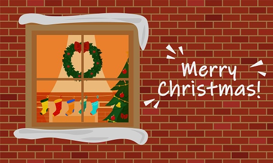 Christmas living room with fireplace and Christmas tree through the window in brick's wall. Vector illustration.