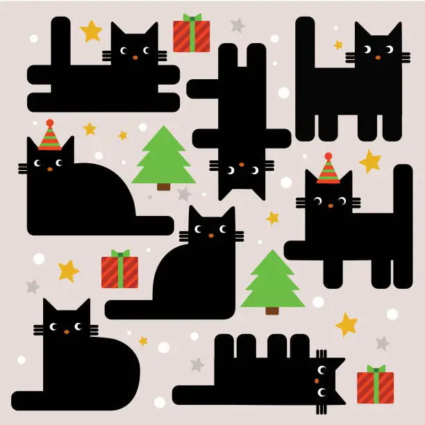 Vector illustration of Christmas geometric funny black cats stock illustration