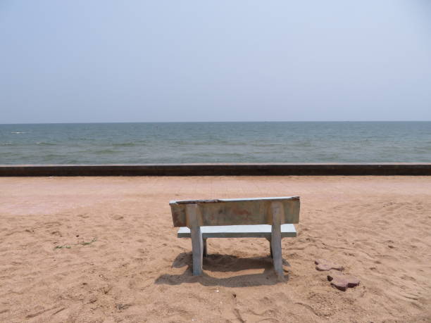 istock Single bench by the yellow sea. Before COVID-19 1439754567