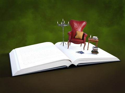 3D rendering of an open book with miniature armchair, table, candles and books. Book reading, story time and storytelling concept.