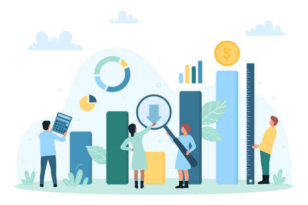 ilustraciones, imágenes clip art, dibujos animados e iconos de stock de auditoría empresarial, análisis, personas diminutas analizan el crecimiento de gráficos con lupa - measuring