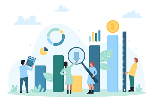 Business audit, analytics and analysis vector illustration. Cartoon tiny people analyze chart growth with magnifying glass, measure and calculate financial data reports with ruler and calculator