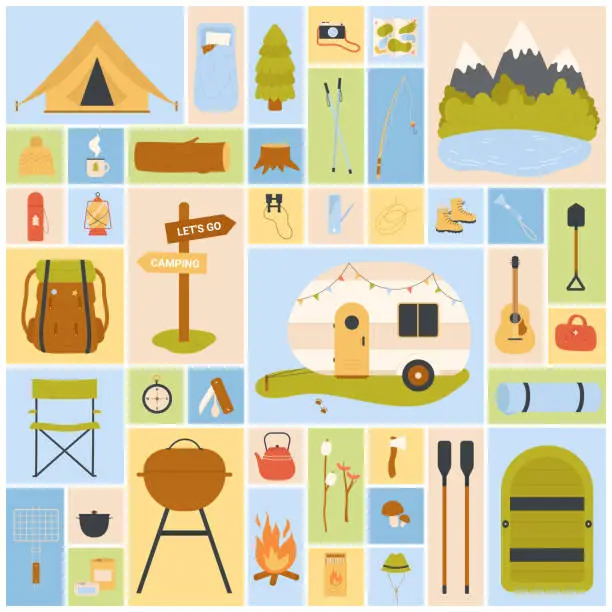 Vector illustration of Camp set for summer outdoor adventure, tent and camper van for campsite, tools for picnic