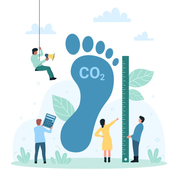 illustrazioni stock, clip art, cartoni animati e icone di tendenza di inquinamento da impronta di carbonio, effetto ambientale, piccole persone misurano grandi piedi di co2 - environmental footprint