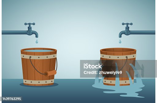 istock leaking bucket. Contrast between business 1439763295