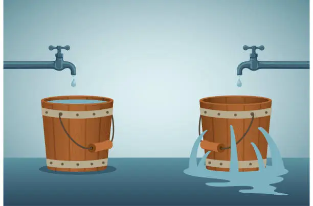 Vector illustration of leaking bucket. Contrast between business