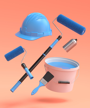 Set of safety helmet, bucket with paint rollers and brushes for painting walls on orange background. 3d render of renovation apartment concept and interior design