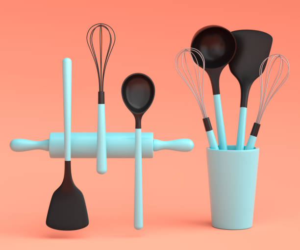 istock Wooden kitchen utensils, tools and equipment on coral background. 1439766216