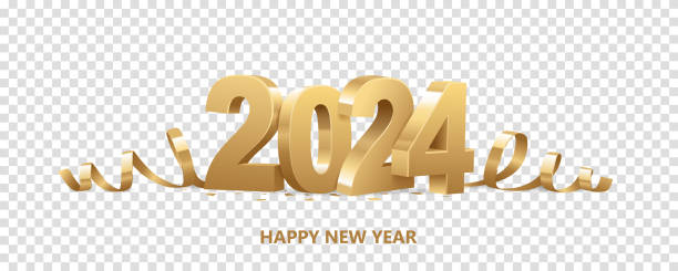 Happy New Year 2024 Happy New Year 2024. Golden 3D numbers with ribbons and confetti , isolated on transparent background. 2024 stock illustrations