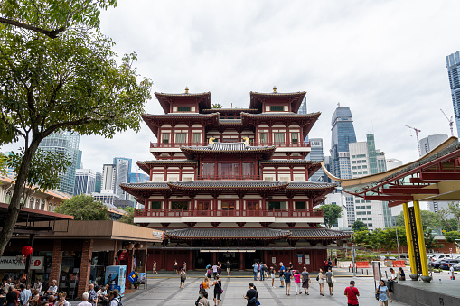 buddha tooth relic temple busy with torists visiting. Famous landmark in Chinatown Singapore. Taken on October 10th 2022