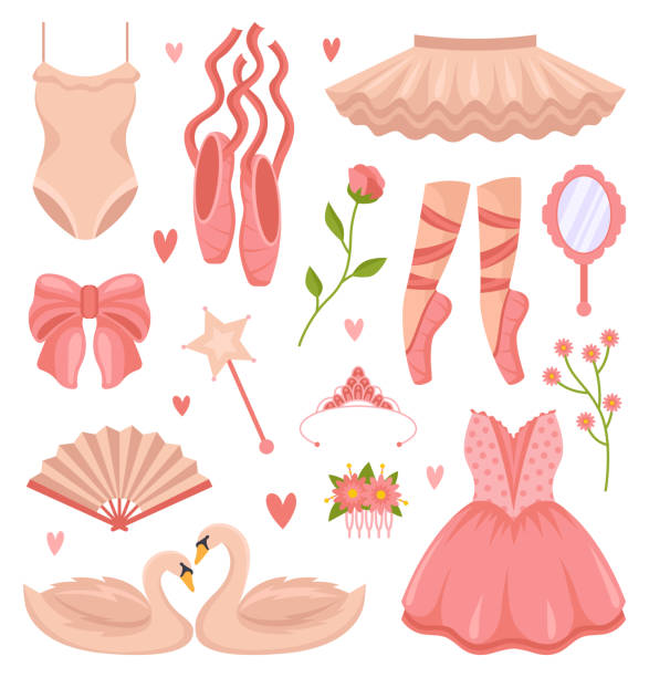 illustrations, cliparts, dessins animés et icônes de joli ballet rose vêtements et objets ensemble d’illustrations vectorielles - swan princess cartoon crown