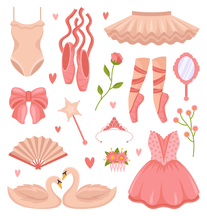 Cute pink ballet clothes and objects vector illustrations set. Cartoon drawings of feminine clothing, tutu, dress, pointe shoes, swans, flowers isolated on white background. Ballet, decoration concept