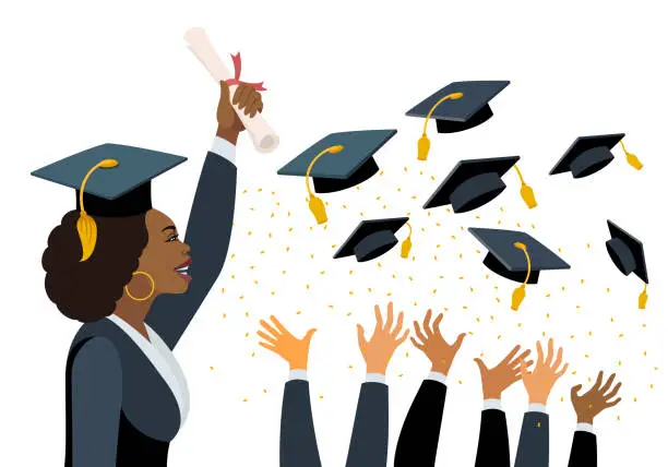 Vector illustration of Young African American Woman at graduation. Students throw graduation caps in the air.