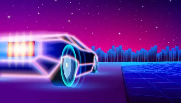 Vector illustration of Neon car in 80s synthwave style racing to the city. Retrowave auto illustration with shiny neon car on the grid landscape road in 90s arcade game style.