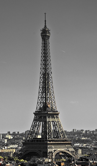A vertical shot of the Eiffel Tower during day with a grey sky in the background