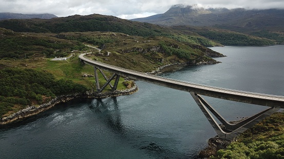 Aerial view of the Kylesku Bridge in Scotland
