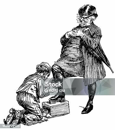 istock Shoeshiner boy polishes the shoes of cross dressed man 1439772133