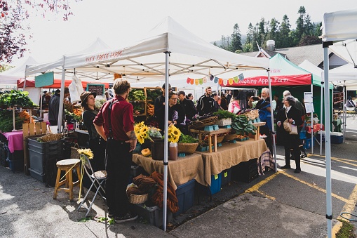 Salt Spring Island, Canada – September 22, 2019: Farmers sell colorful local produce at the Ganges Salt Spring Island Farmer's Market on Saturday morning.