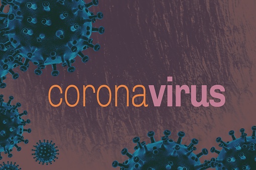 The illustration of the coronavirus cells with a text