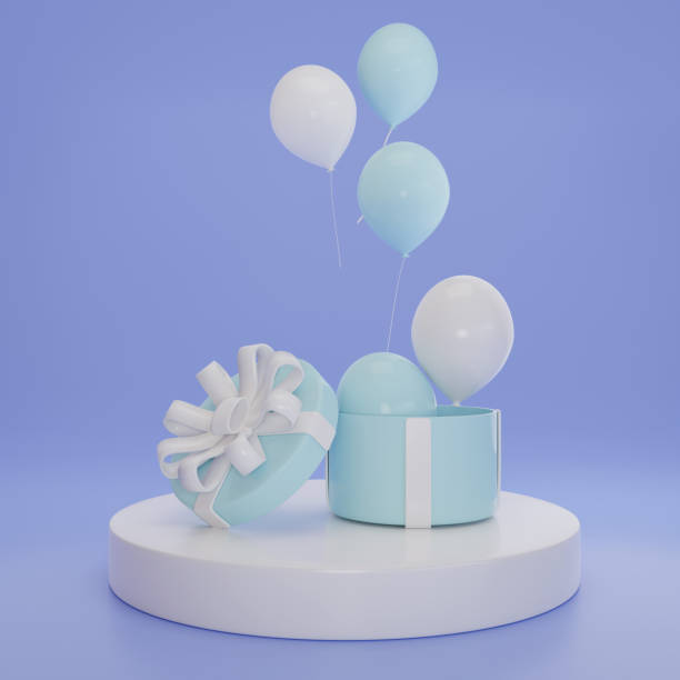 istock 3D rendering pastel balloon floated up from blue gift box on blue background 1439772805