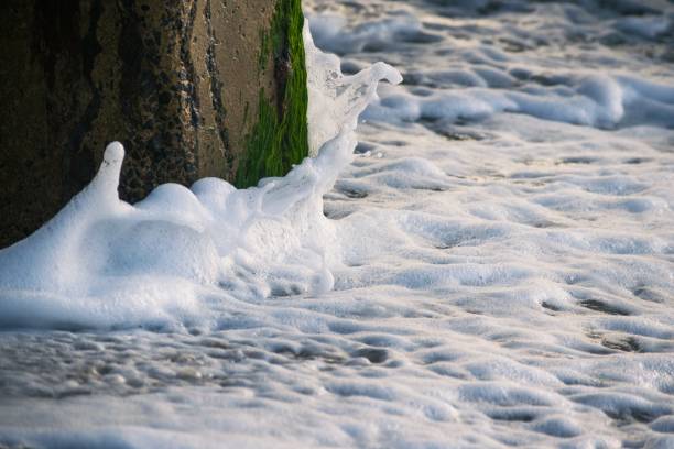 An amazing shot of sea waves hitting a stone column covered with moss and making splashes
