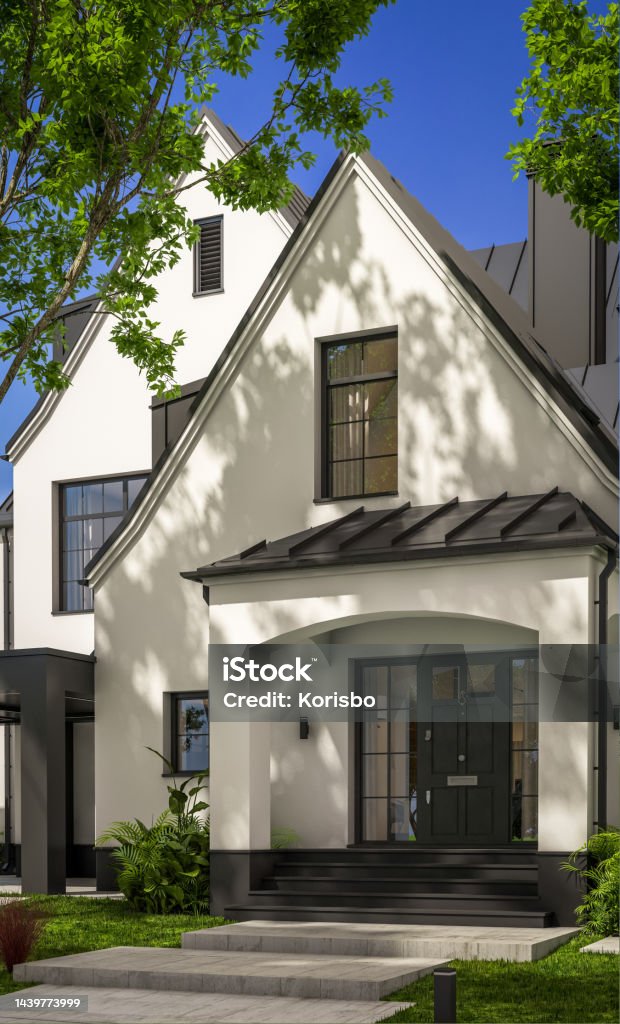 3d rendering of white and black modern Tudor house 3d rendering of cute cozy white and black modern Tudor style house with parking  and pool for sale or rent with beautiful landscaping. Fairy roofs. Clear sunny summer day with blue sky. Outdoors Stock Photo