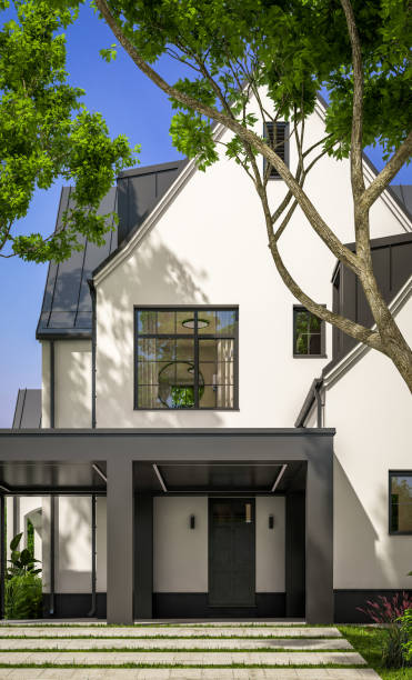 istock 3d rendering of white and black modern Tudor house 1439774731
