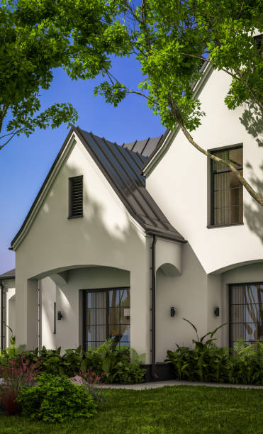 istock 3d rendering of white and black modern Tudor house 1439774785