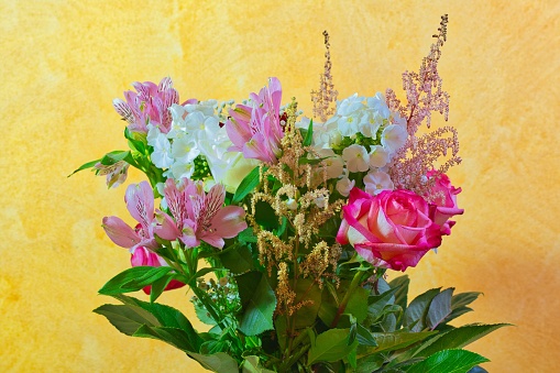 Mixed bouquet of colorful flowers against a pastel background, beautiful colors, beautiful flowers
