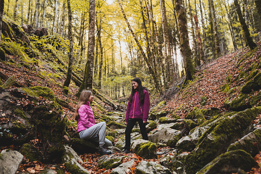 Happy friends resting and enjoying while hiking through the forest in Autumn.  Active lifestyle concept.