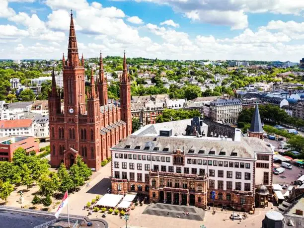 An aerial view of the Market Church in Wiesbaden, Germany