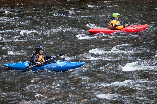 Friendsville, MD, United States – October 04, 2014: Kayaking on the Youghiogheny River near Friendsville, Maryland as photographed in October of 2014.