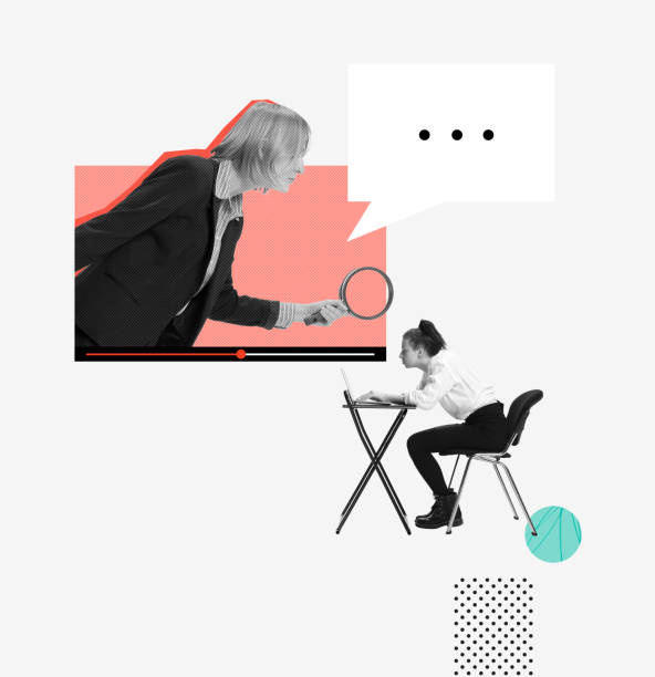 istock Contemporary art collage. Conceptual image. Young motivated woman, student learning class with online lessons 1439778276